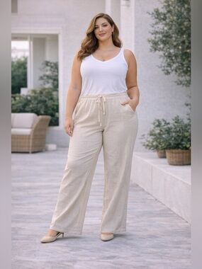 Beige Linen Pants Plus Size Wide Leg Minimal Coastal Chic